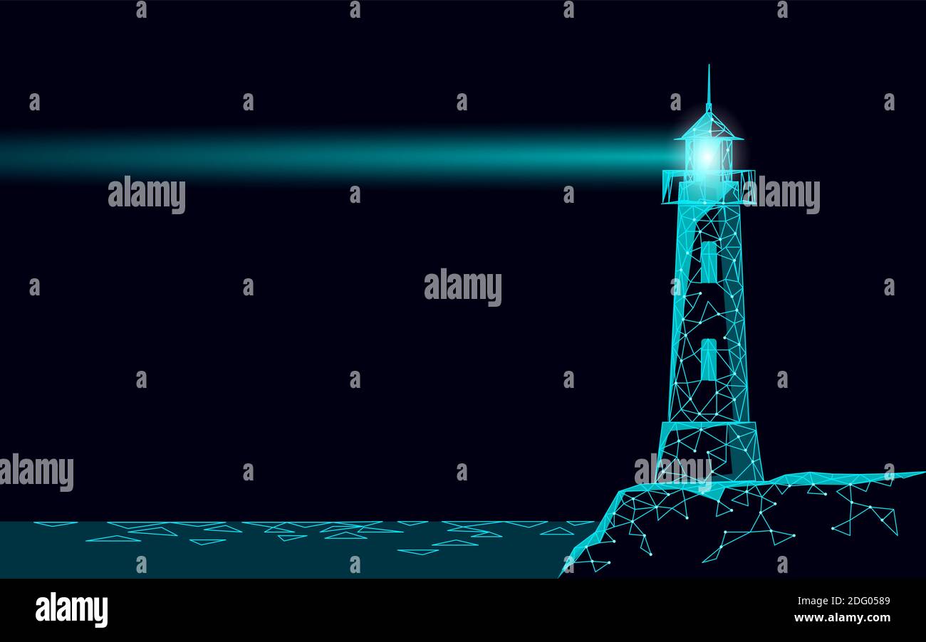 Leuchtturm Turm emittieren Licht Lampen und Linsen Navigation für maritime Piloten auf Meer Ozean. Suchscheinwerfer Strahl marine Nacht low Poly. Sicherheit gefährlich Stock Vektor