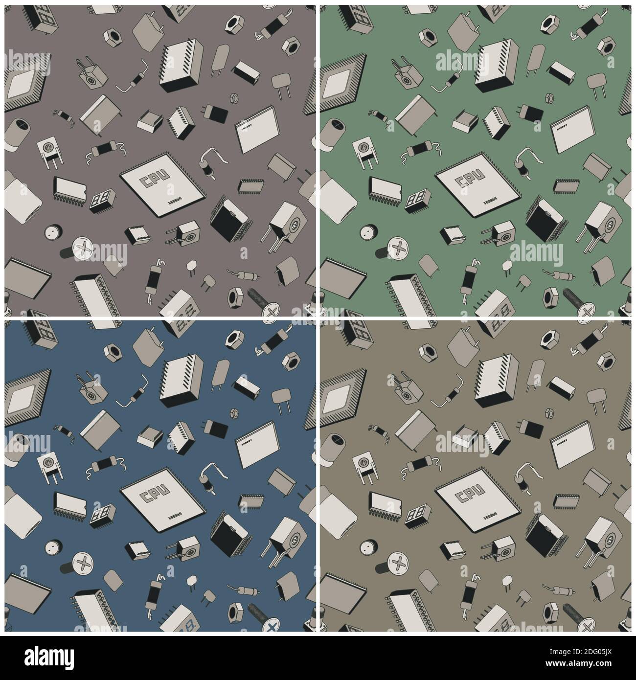 Stilisierte nahtlose in alle Richtungen Illustrationen von elektronischen Bauteilen und Schaltkreisen. Stock Vektor