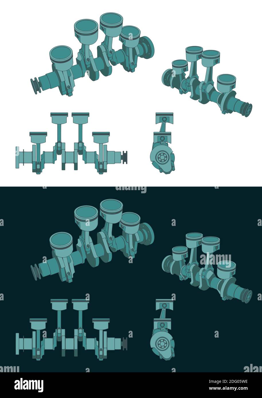 Stilisierte Vektor-Illustrationen von Farbzeichnungen der Piston-Gruppe mit Kurbelwelle Stock Vektor