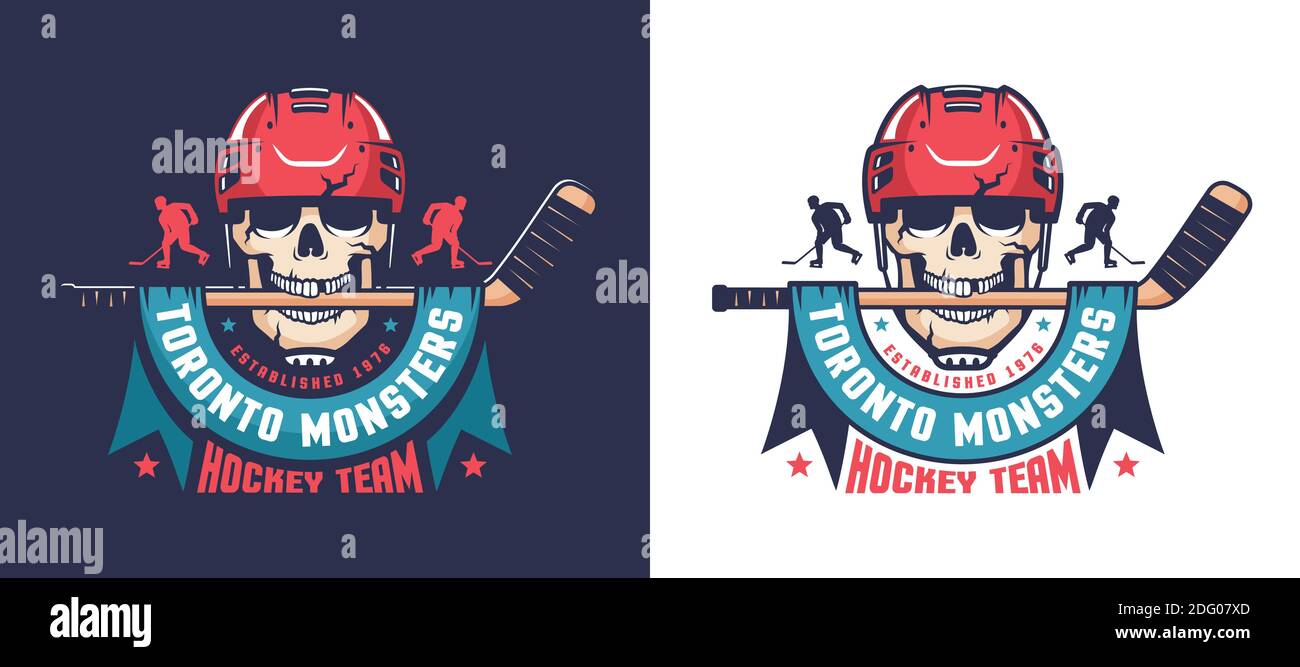 Retro Schädel Hockey Emblem. Eishockey-Team Maskottchen - Skelett in Helm mit Stick. Vektorgrafik. Stock Vektor