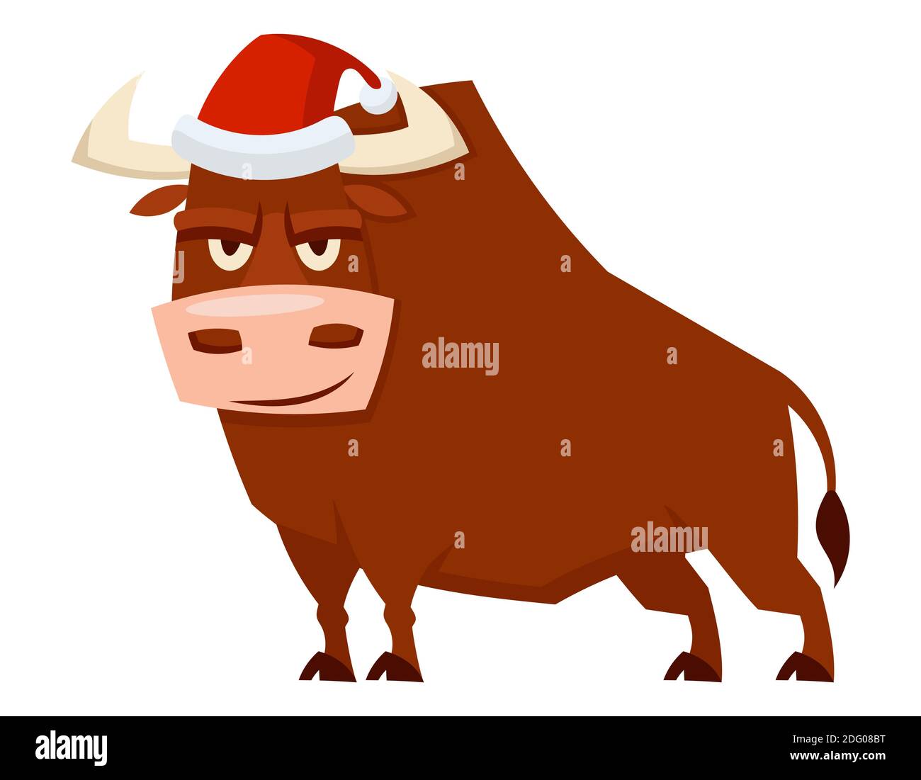 Bull in Santa hat drei Viertel Ansicht. Symbol des Jahres 2021. Stock Vektor