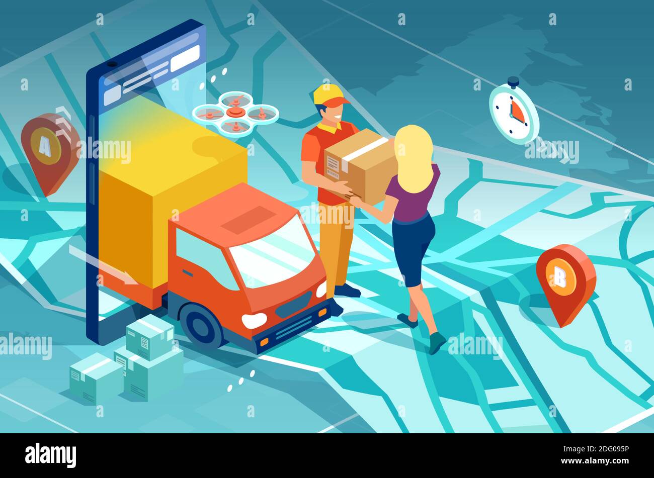 Online-Shopping-Konzept. Vektor eines Lieferers, der eine Box zu einem Internet-Shopper trägt Stock Vektor