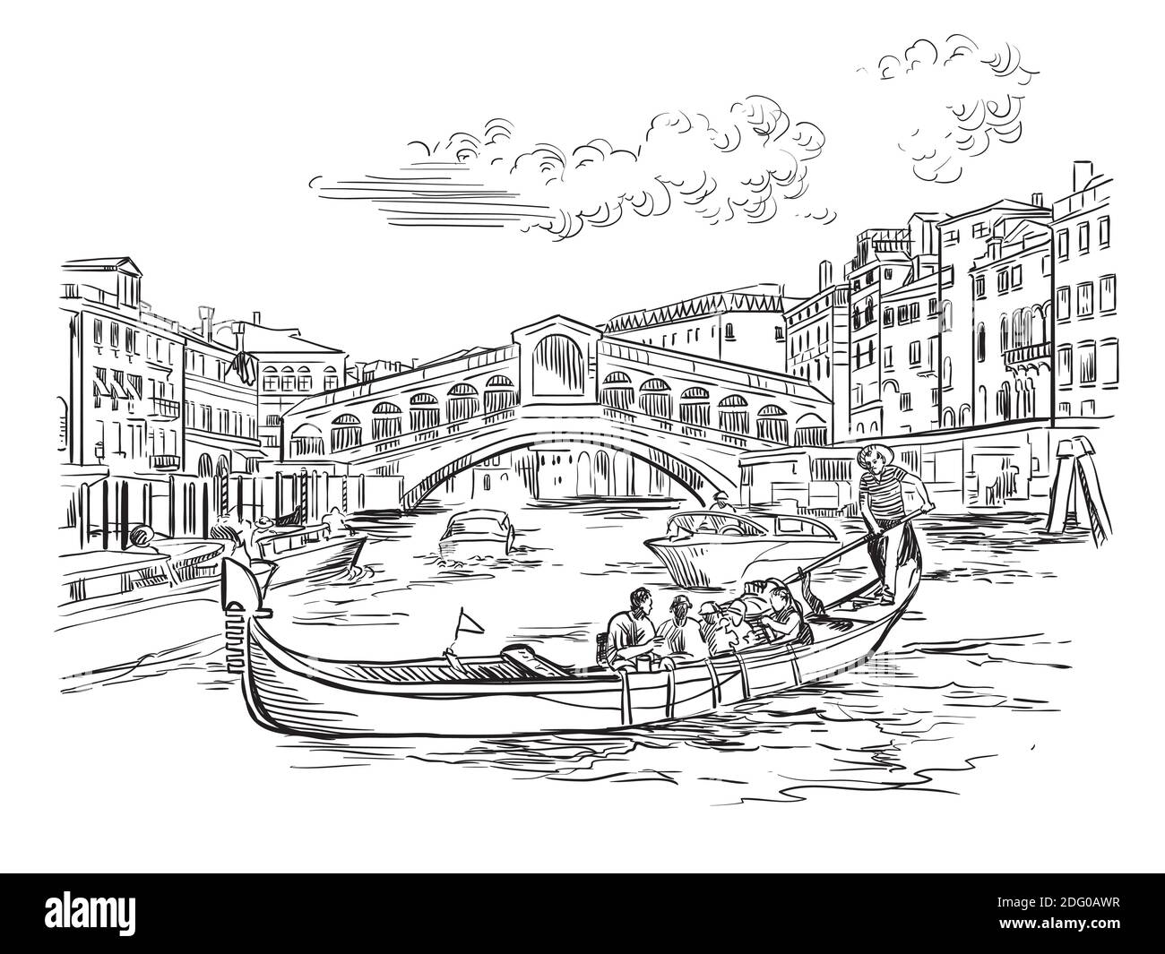 Vektor-Handzeichnung Skizze Illustration der Rialtobrücke auf dem Canal Grande in Venedig. Skyline von Venedig handgezeichnete Skizze in schwarzer Farbe isoliert auf weißem b Stock Vektor