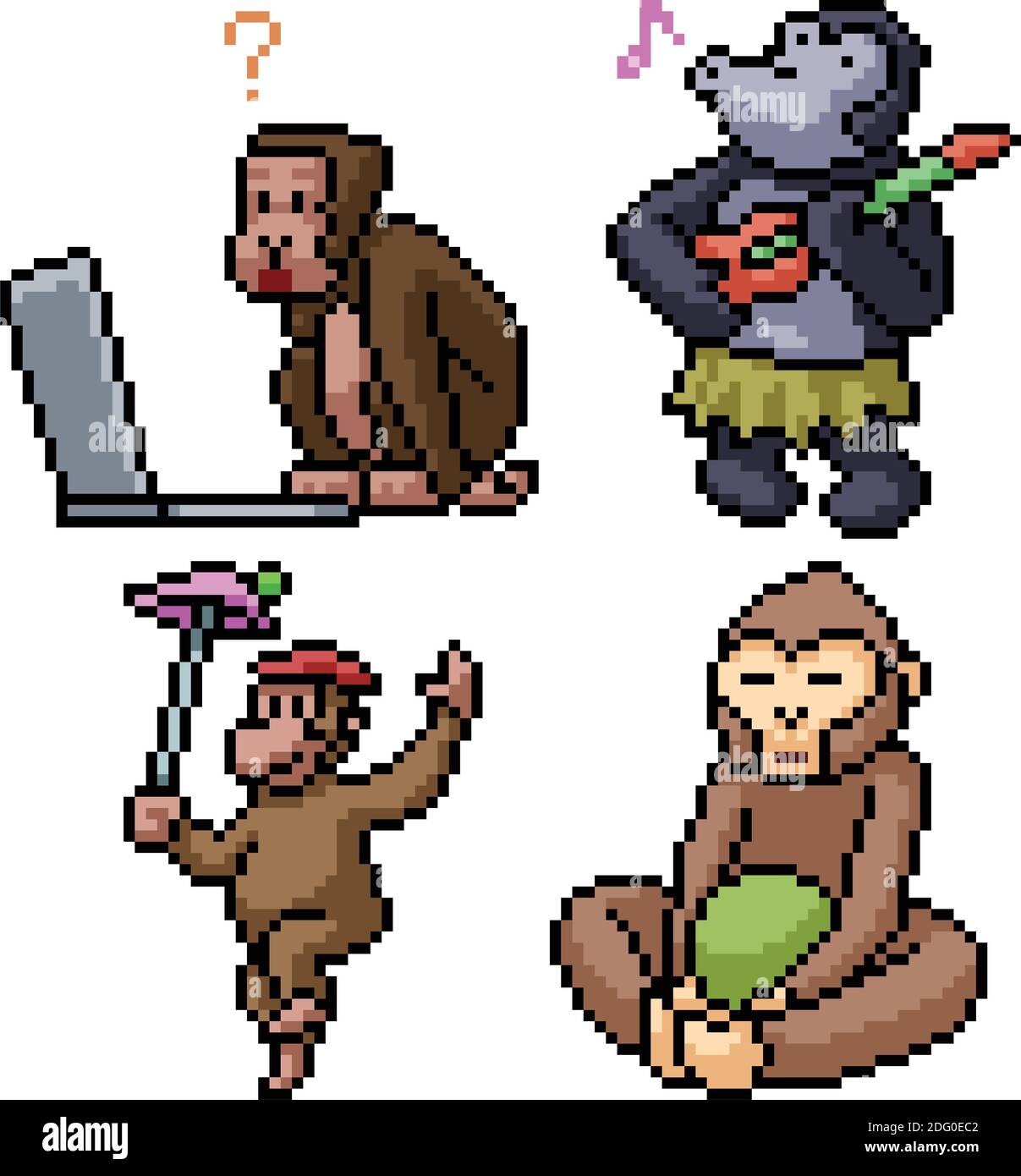 Pixel Art Set isoliert lustigen Affen Stock Vektor