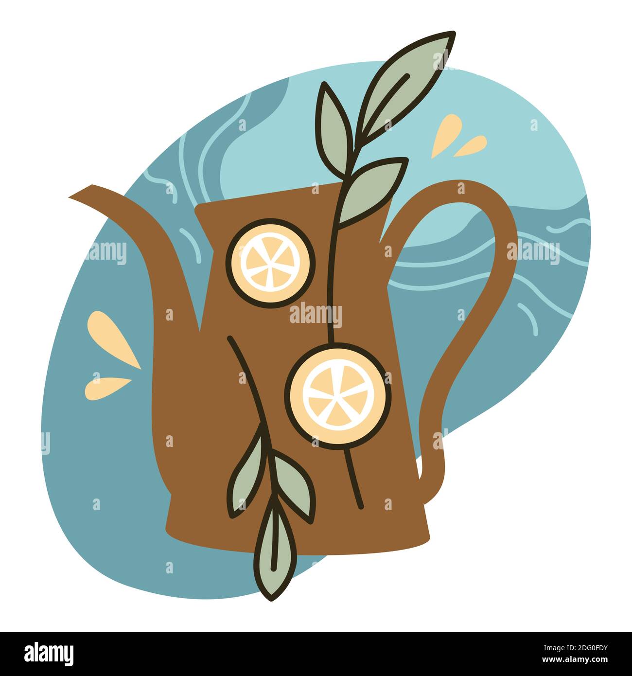 Kräutertee, Wasserkocher mit Zitronenscheiben und Blättern Stock Vektor