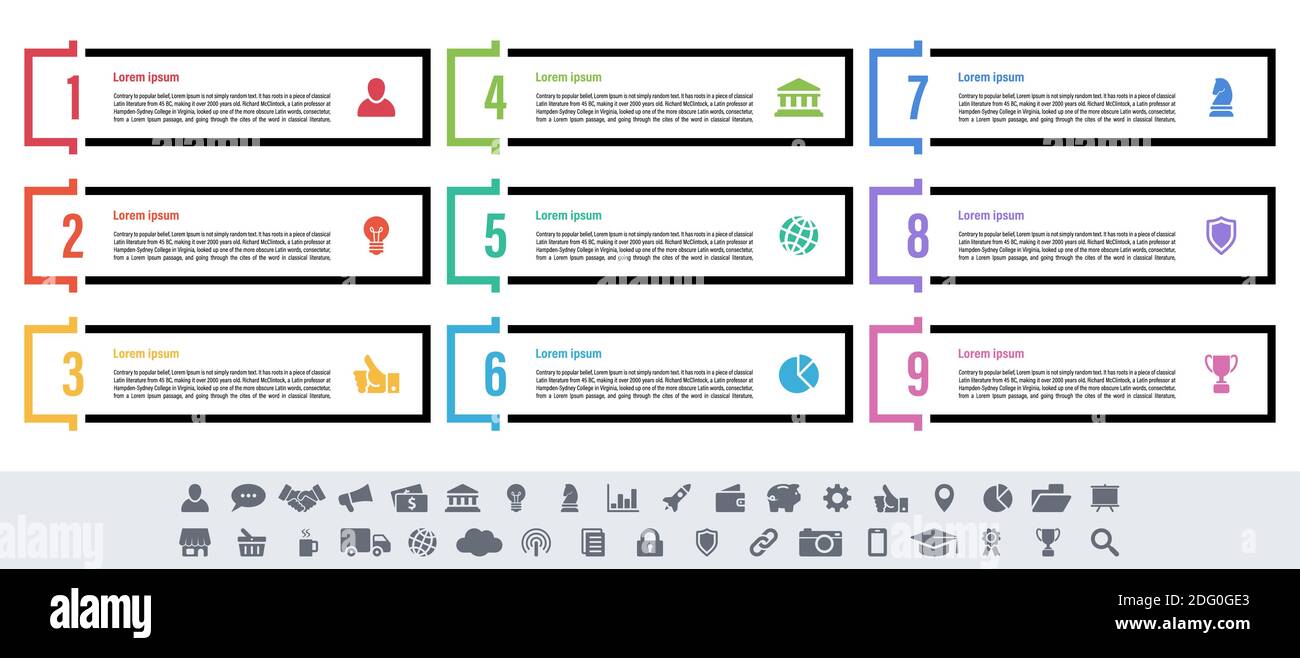 Infografik design Business Konzept Vector Illustration mit 9 Schritte und Optionen oder Prozesse, Arbeitsabläufe oder Diagramm oder Web button Banner dar Stock Vektor