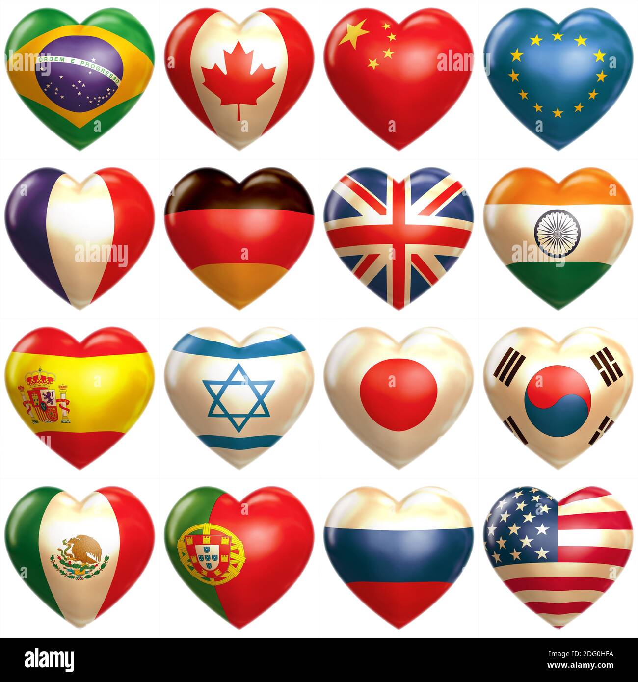 3d Herzen in 16 Ländern Stockfoto