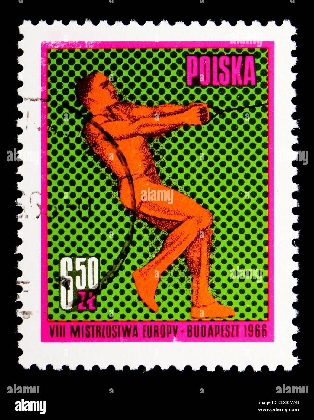 MOSKAU, RUSSLAND - 16. MAI 2018: Eine in Polen gedruckte Briefmarke zeigt Hammerwurf, European Athletic Championships, Budapest Serie, um 1966 Stockfoto