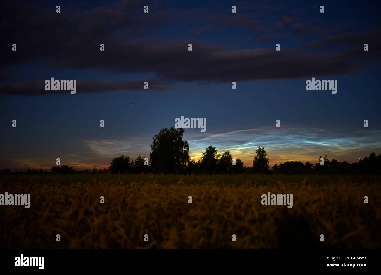 Silberne Wolken in der Nacht über den Feldern der Landschaft Stockfoto