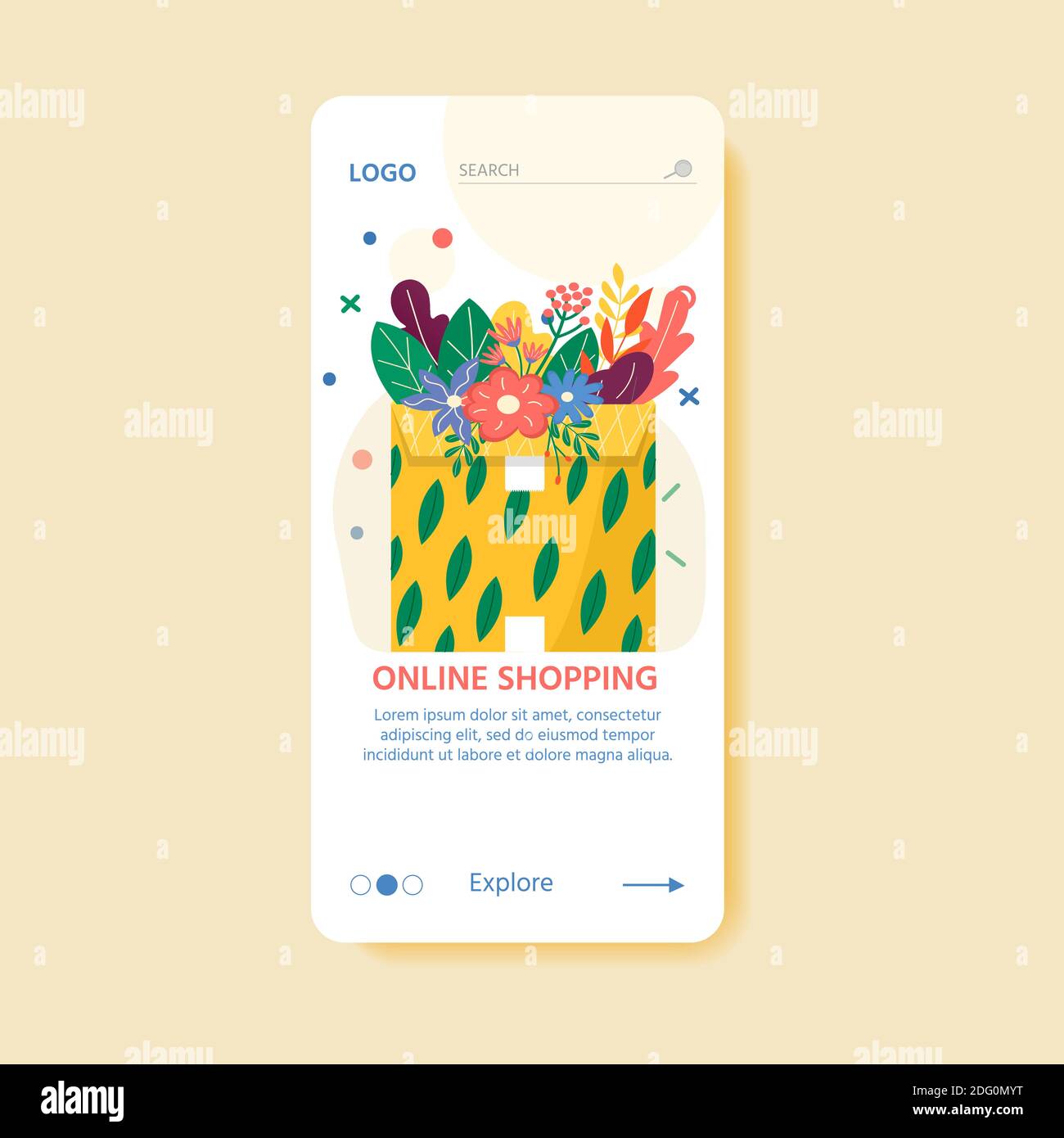 Vorlage für Online-Lieferdienstkonzept mit Kartonverpackungen und Liefersymbolen. Webseite mit Postpaketen, Packungen, Schachteln, Briefen, Umschlägen. Stock Vektor