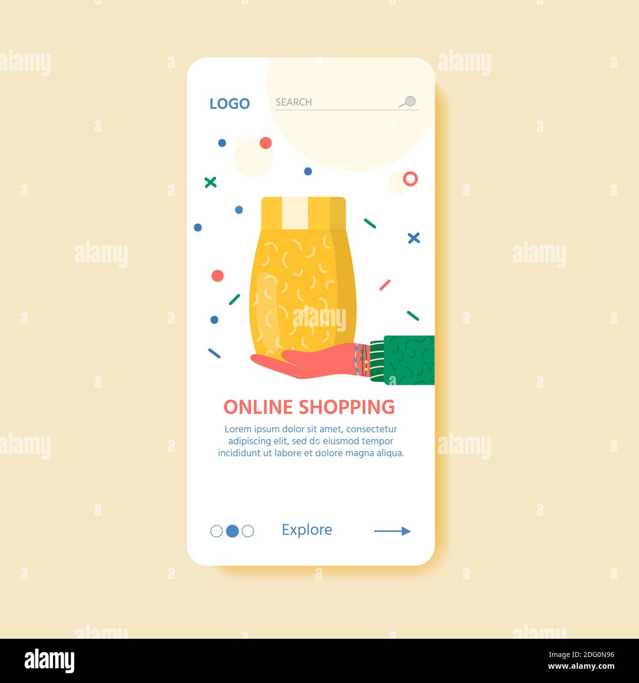 Vorlage für Online-Lieferdienstkonzept mit Kartonverpackungen und Liefersymbolen. Webseite mit Postpaketen, Packungen, Schachteln, Briefen, Umschlägen. Stock Vektor