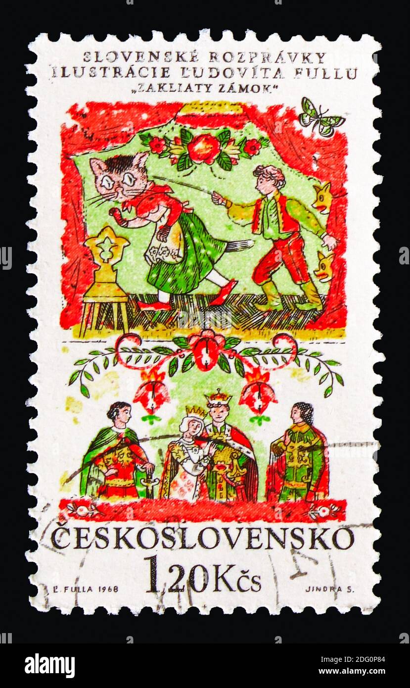 MOSKAU, RUSSLAND - 18. AUGUST 2018: Eine in der Tschechoslowakei gedruckte Briefmarke zeigt Enchanted Castle, Slovak National Fairytales Serie, um 1968 Stockfoto