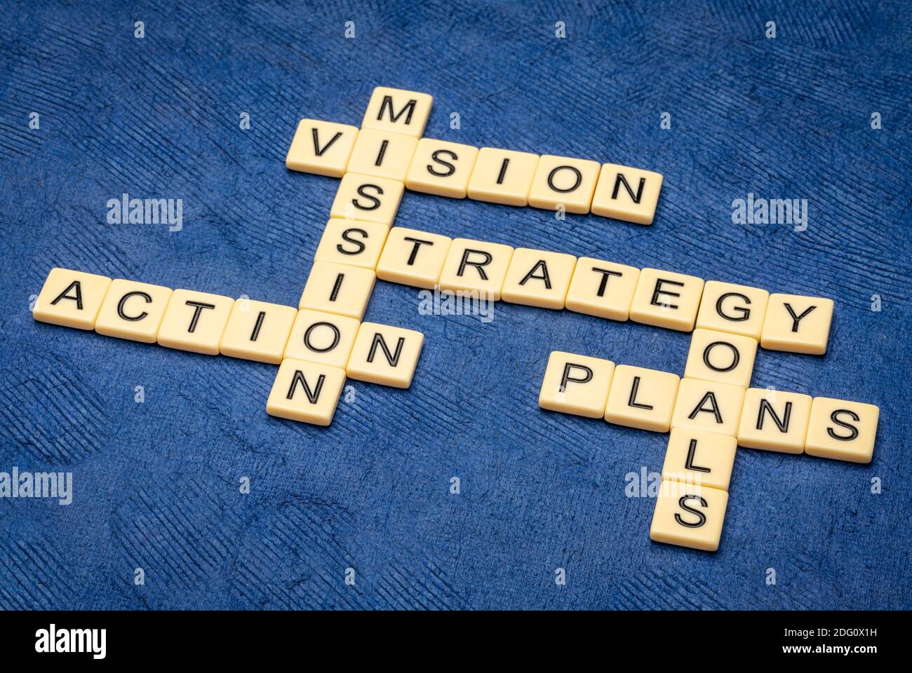 Vision, Mission, Ziele, Strategie, Plan und Aktion Kreuzworträtsel in Elfenbein Buchstaben Fliesen gegen strukturierte handgemachte Papier, Gebäude Geschäftskonzept Stockfoto