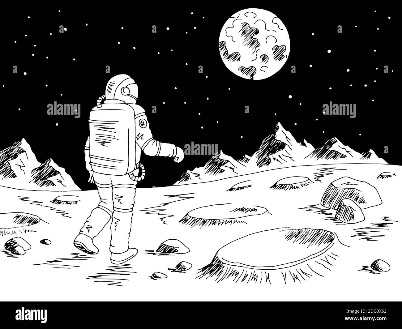 Spaceman Astronaut Wandern außerirdischen Planeten Grafik schwarz weiß Raum Landschaft Vektor der Skizzendarstellung Stock Vektor