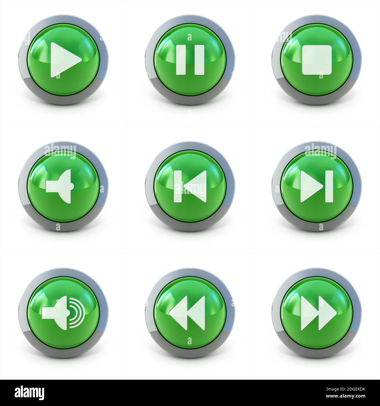 Hoch detaillierte Media Player 3d Schaltflächen isoliert auf weiss Stockfoto