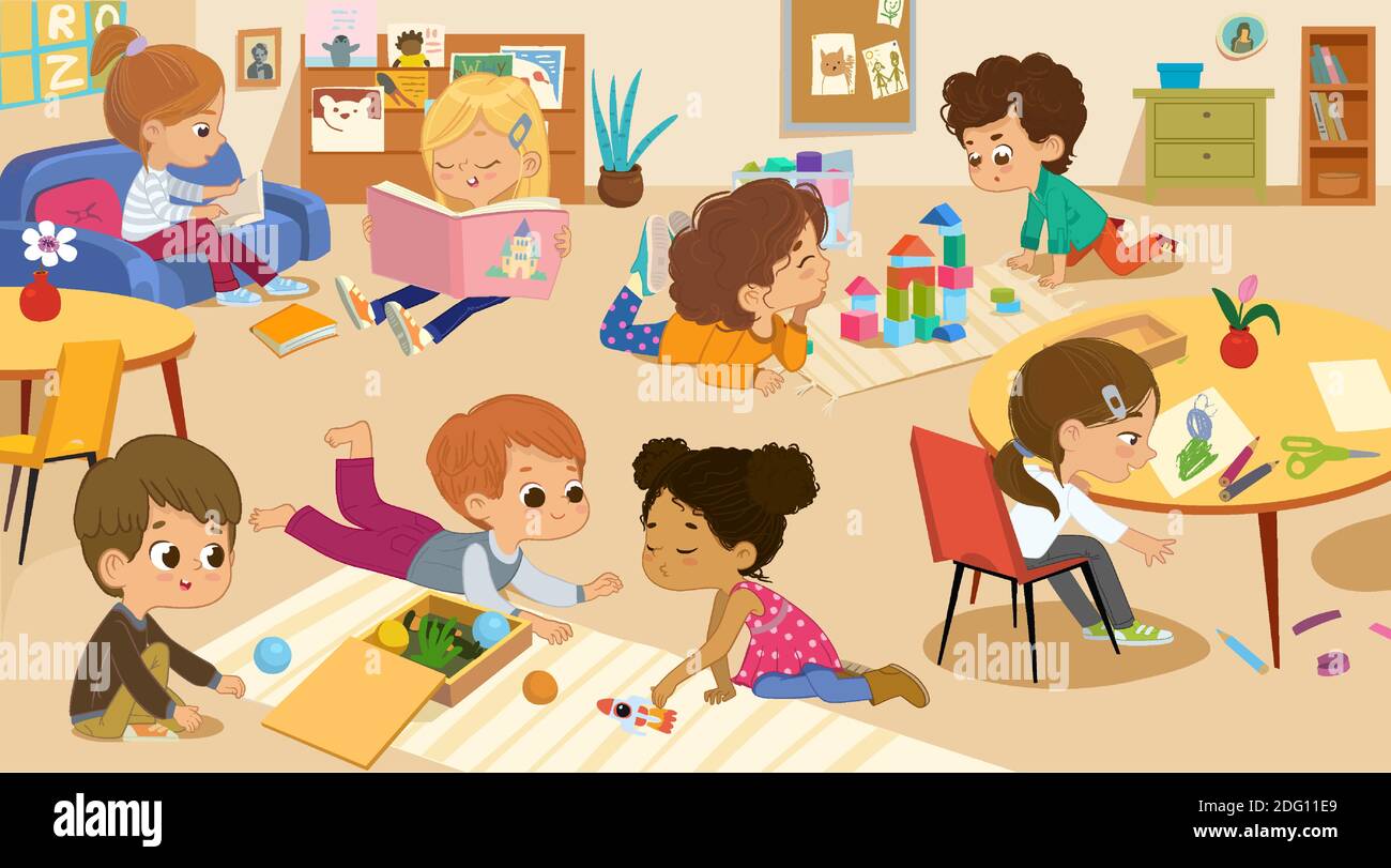 Kinder spielen mit Ziegeln und pädagogische Spiele im Kindergartenraum