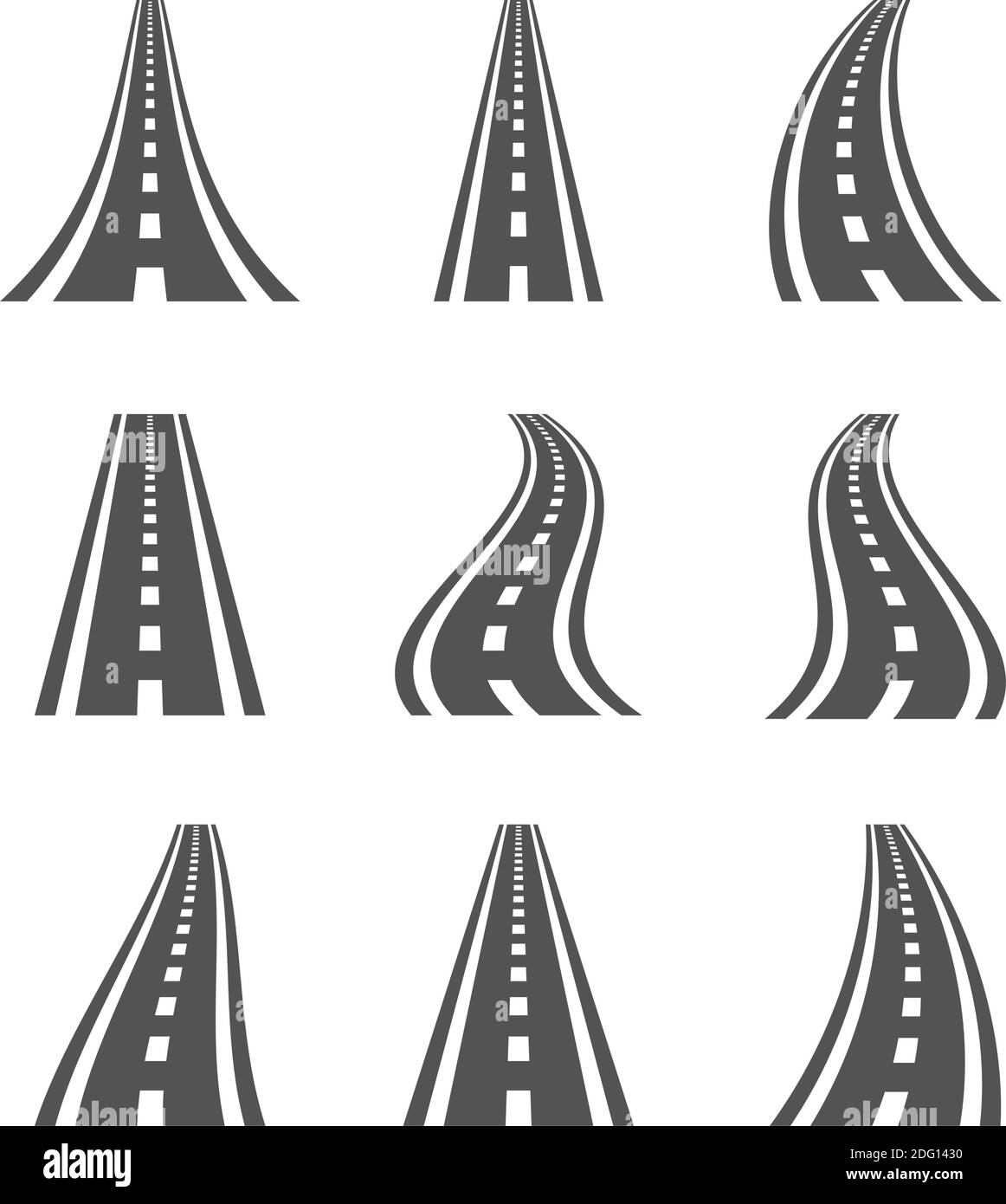 Kurvenförmige Straßensymbole. Autobahn und Fahrbahn, Richtungsschilder Abbildung Stock Vektor