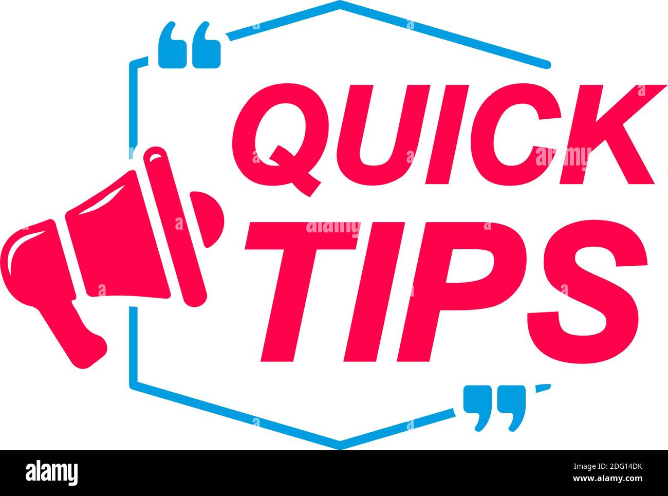 Quick Tips-Etiketten. Sprechblasen mit Megaphon-Symbol. Werbe- und Marketing-Aufkleber. Stock Vektor