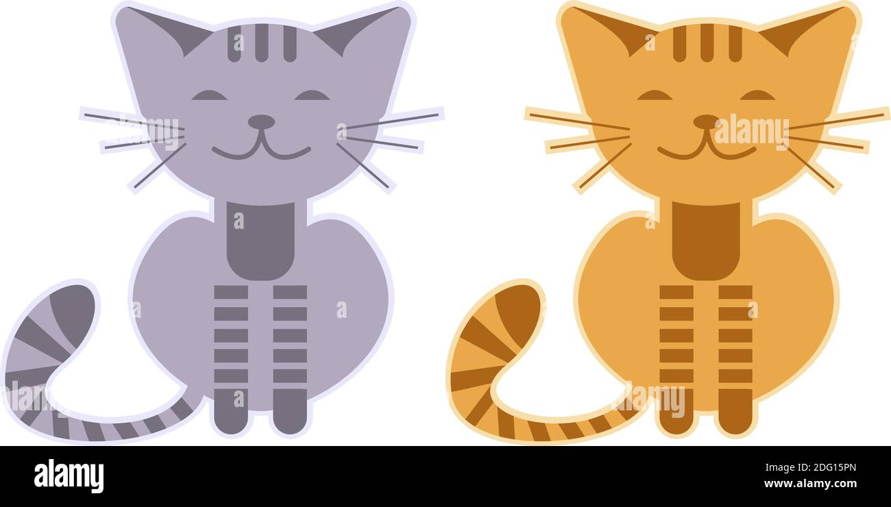 Icon Set von zwei grauen und roten Cartoon-Katzen in Flacher Style Stock Vektor
