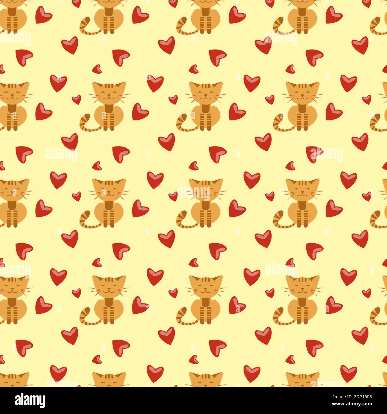 Niedliches Kitty mit Herzen auf nahtlosem Muster und gelbem Hintergrund Stock Vektor