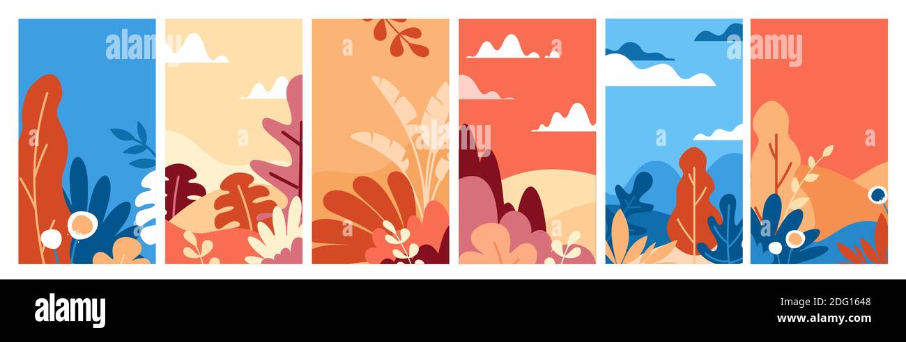 Vektor-Illustration Set von Landschaften in minimalistischen flachen Stil. Natur in trendigen hellen Farben. Wald, Blätter und Blumen, florale Hintergründe. Stock Vektor