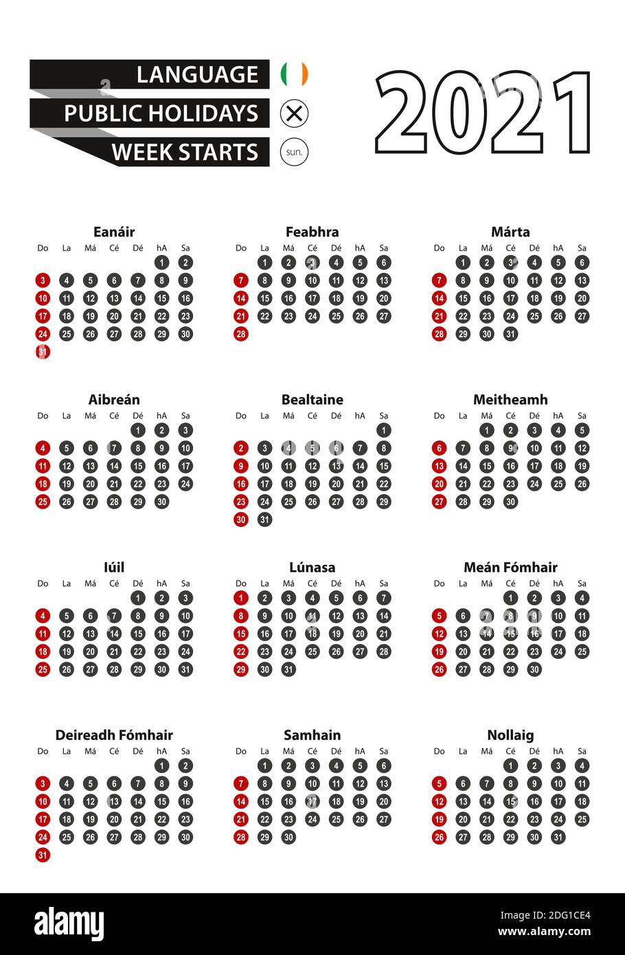 Irischer Kalender 2021 mit Zahlen in Kreisen, Woche beginnt am Sonntag. 2021 mit Flagge von Irland Vektor Kalender 2021. Stock Vektor