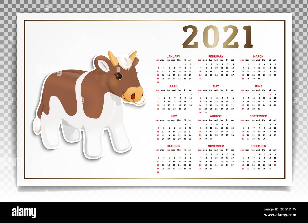 Kalender für 2021. Nach dem chinesischen Kalender, das Jahr des Ochsen. Weihnachtsfigur Aufkleber, niedlichen roten Stier mit einem Nasenring. Horizontale Bann Stock Vektor