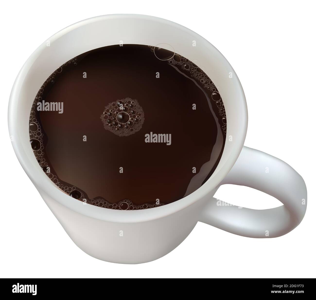 Realistische Kaffeetasse. Blick von oben heiße Schokolade mit Schaum, isoliertes Frühstücksgetränk. Schaum Kakao Getränk in weißen Becher Vektor-Illustration Stock Vektor