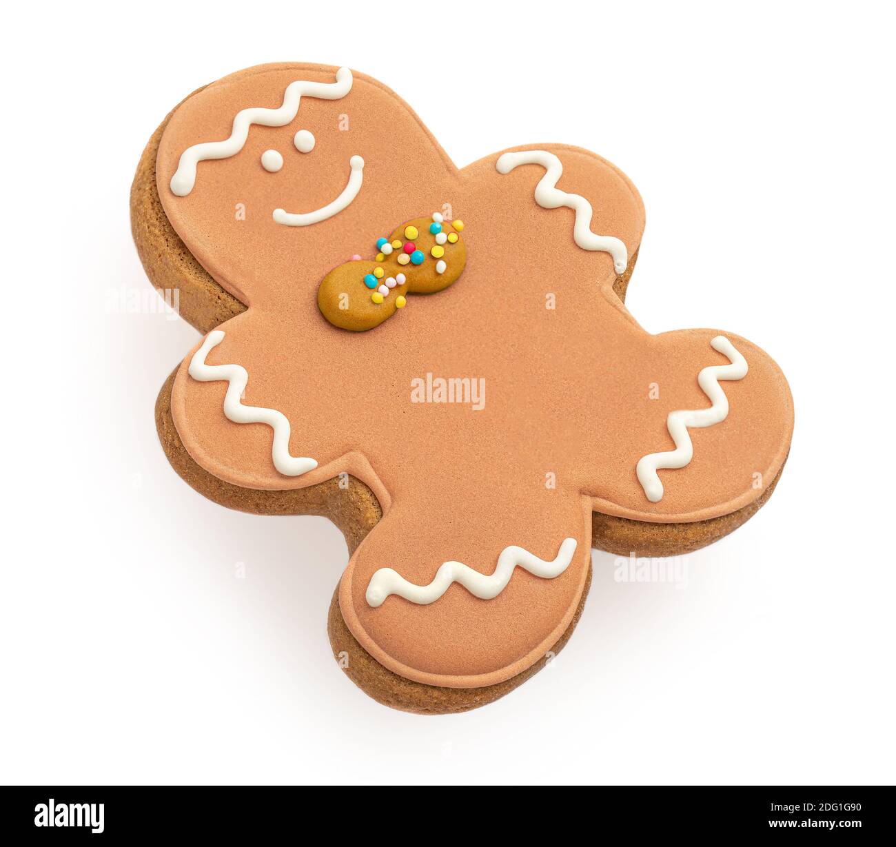 Süße Lebkuchenkekse für Weihnachten. Lebkuchen Mann isoliert auf weißem Hintergrund. Stockfoto