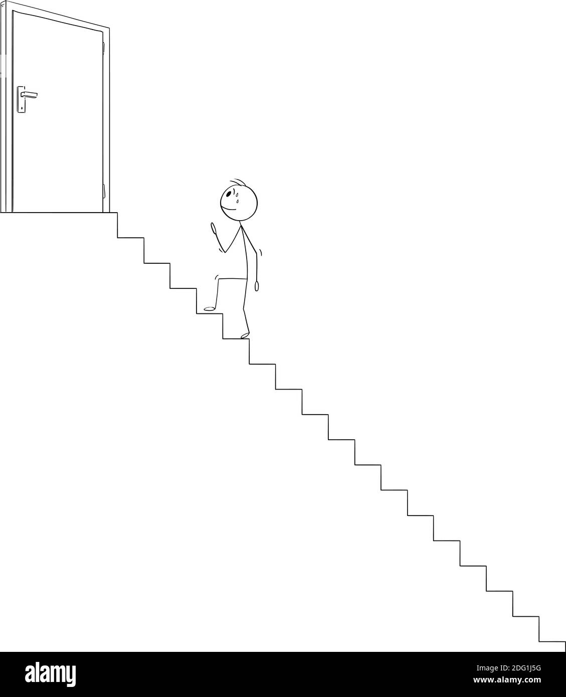 Vektor Cartoon Stick Figur Illustration von Mann oder Geschäftsmann Treppen steigen zu erreichen und öffnen Tür auf der Oberseite führt zu Erfolg oder Sieg. Karrierekonzept. Stock Vektor