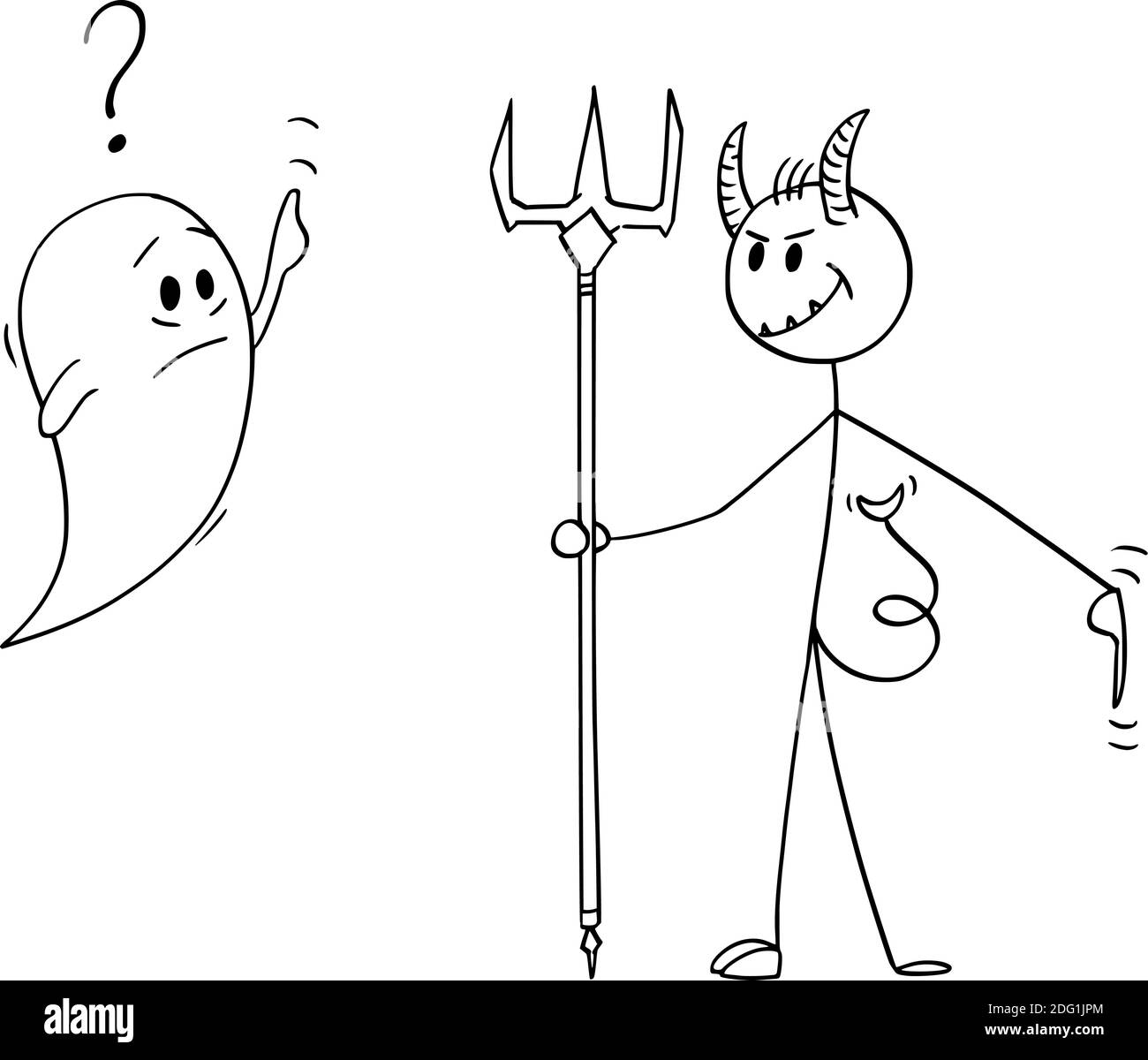 Vektor-Cartoon-Stick Figur Illustration der menschlichen Seele bitten, in den Himmel zu gehen, ist der Teufel schickt es in die Hölle. Konzept von gut und Böse, Böse, Christentum und Religion. Stock Vektor