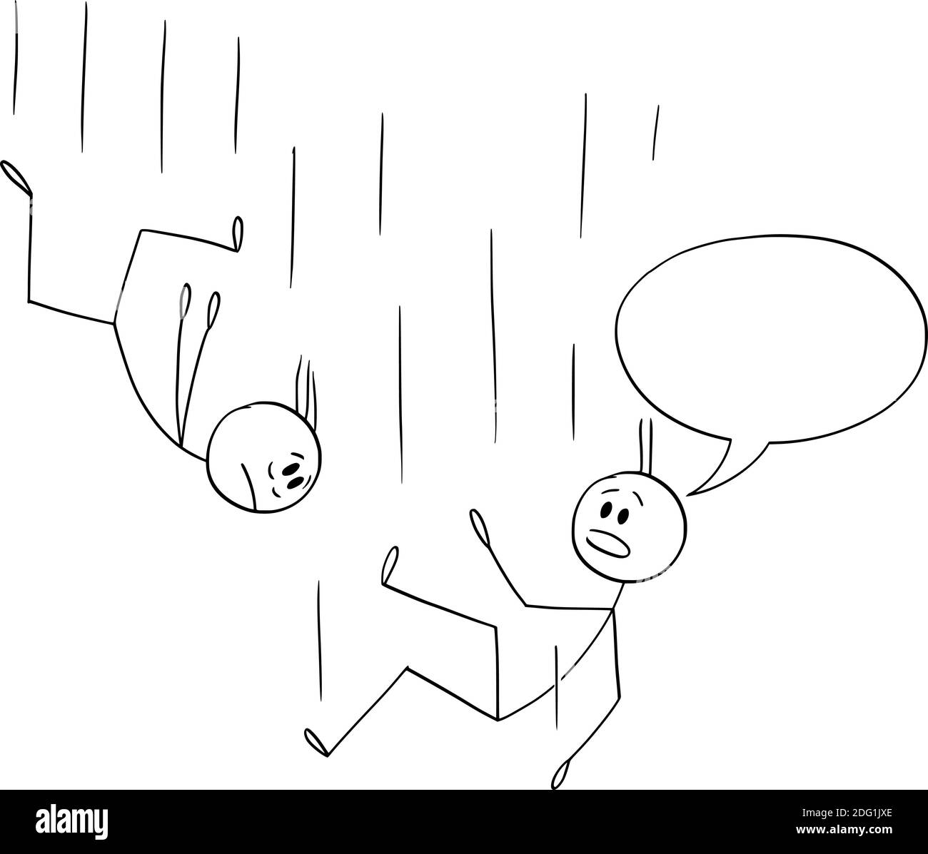 Vektor Cartoon Stick Figur Illustration der Konversation von zwei fallenden Männern oder Geschäftsleuten, ist man etwas in Sprechblase zu sagen. Comic-Streifen. Stock Vektor