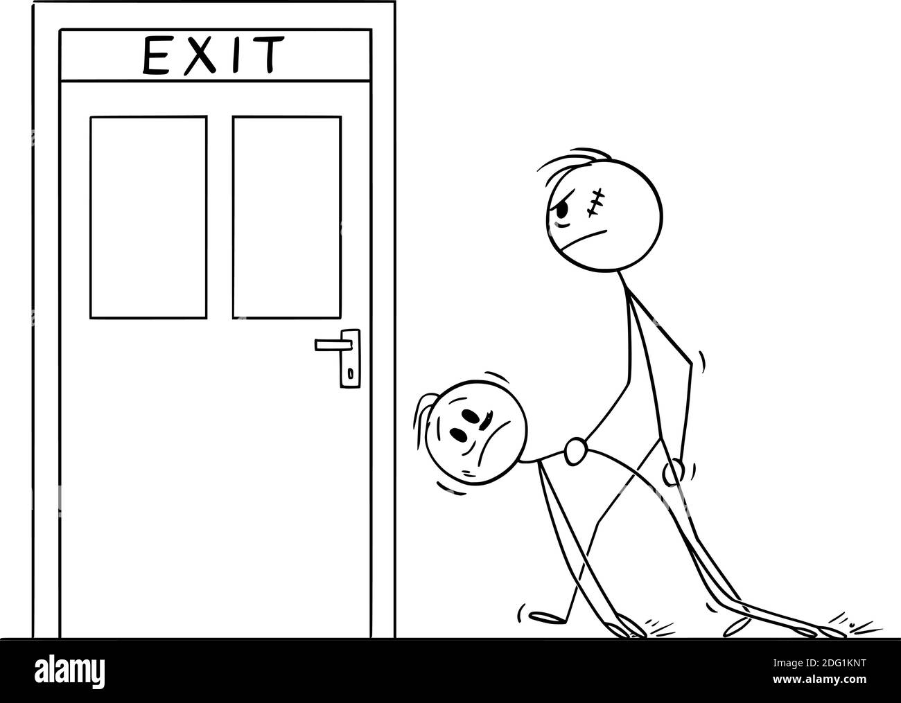 Vektor-Cartoon-Stick Figur Illustration von Türsteher oder großen rauhen Mann mit betrunkenen Männern an die Tür zu verlassen, um ihn aus dem Gebäude, Bar oder Club werfen. Stock Vektor