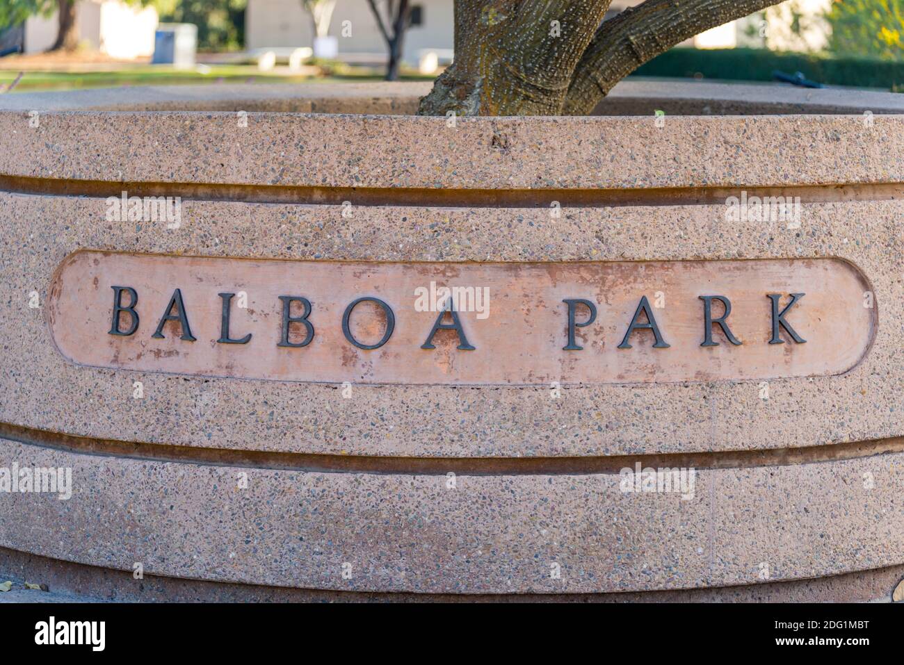 Beschilderung Balboa Park. San Diego, CA, USA. Stockfoto