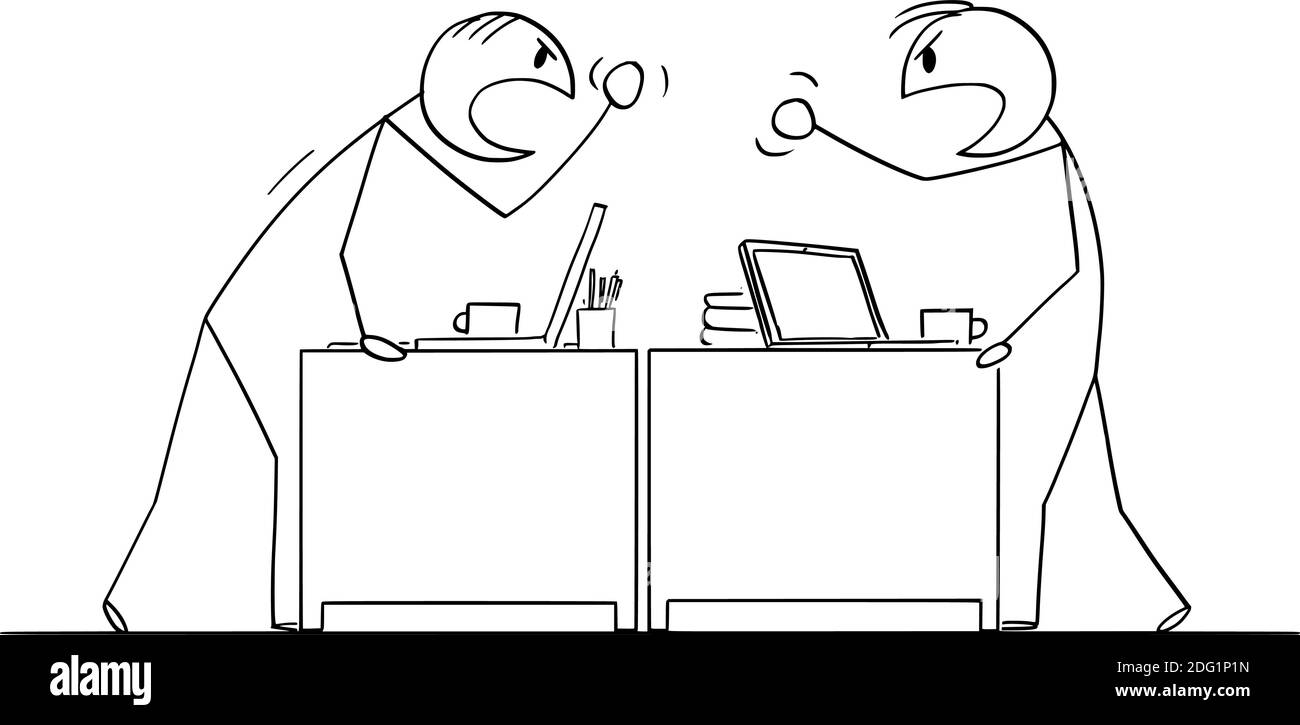 Vektor Cartoon Stick Figur Illustration von zwei wütend kämpfen oder argumentieren Büroangestellte, Männer oder Businessmen.Concept der Beziehung, Arbeitsplatz und Teamarbeit. Stock Vektor