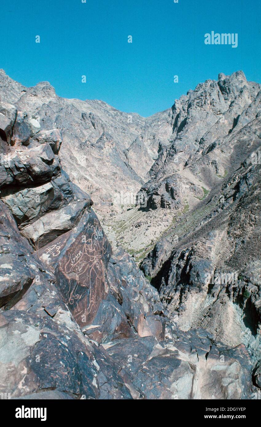Sasanian eingeschnittene Felszeichnung eines Königs, der einen Löwen, Berg nahe Firuzabad, Fars Provinz, Iran kämpft Stockfoto