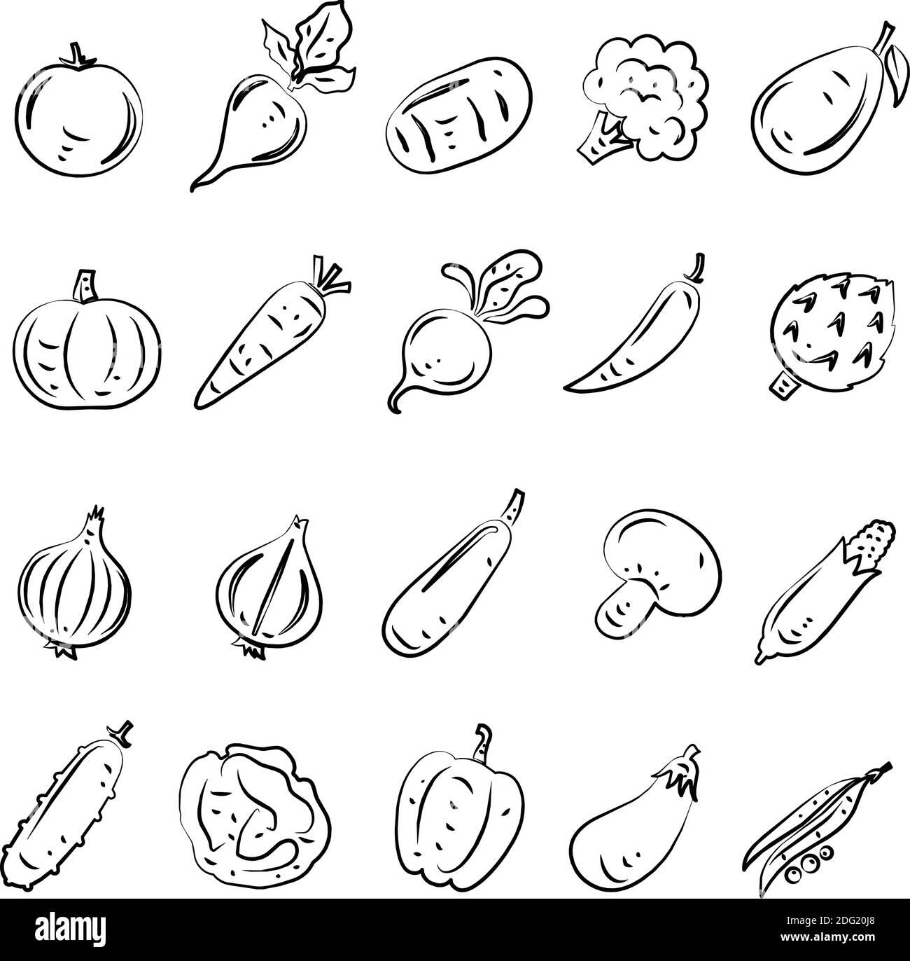 Gemüse-Symbole-set-flat-black-outline-isoliert-auf-weiß-Hintergrund Stock Vektor