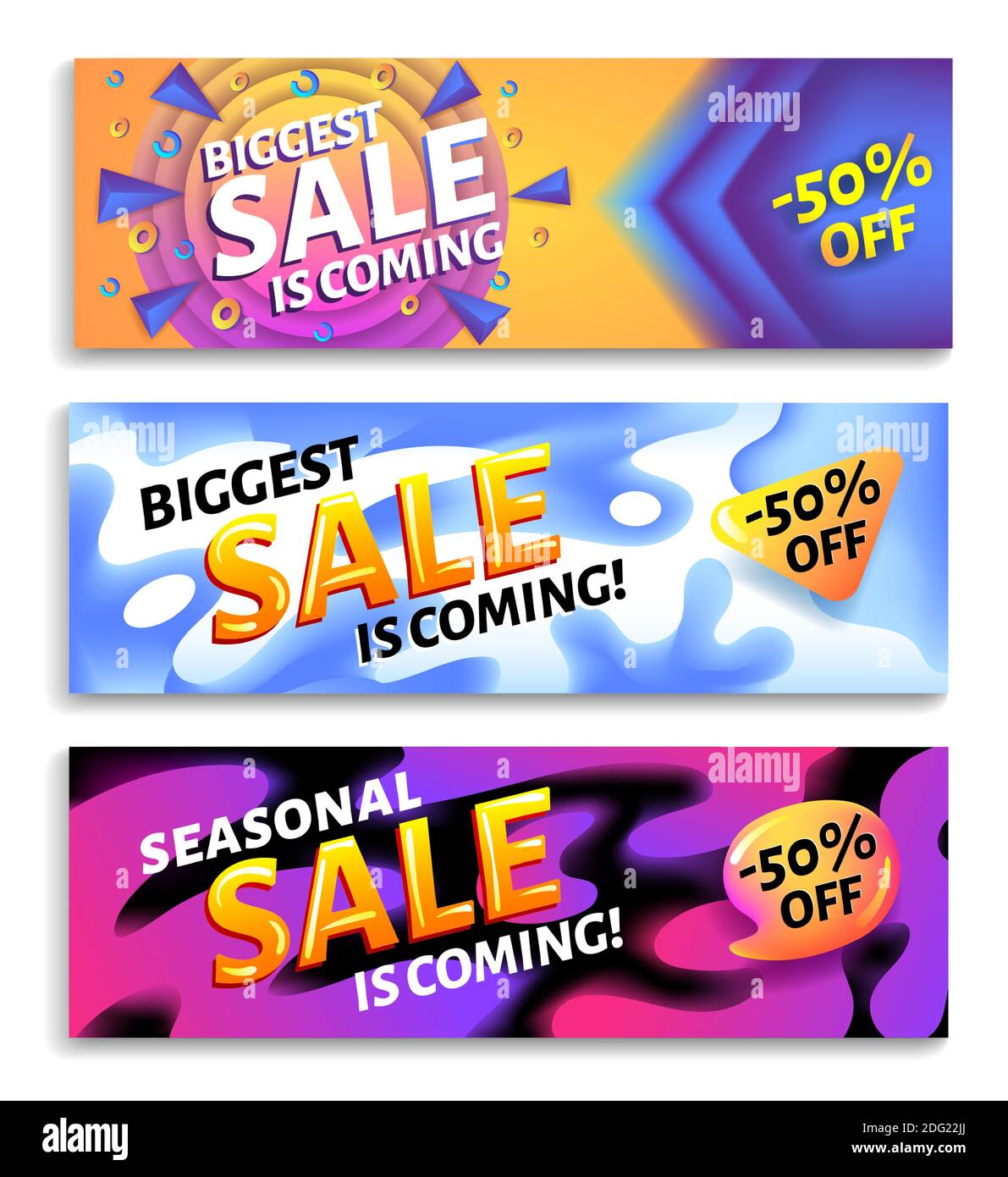 Größter Verkauf kommt - horizontale Werbung Web-Banner-Set, Plakatvorlage mit bunten abstrakten Elementen, Vektor-Illustration. Stock Vektor