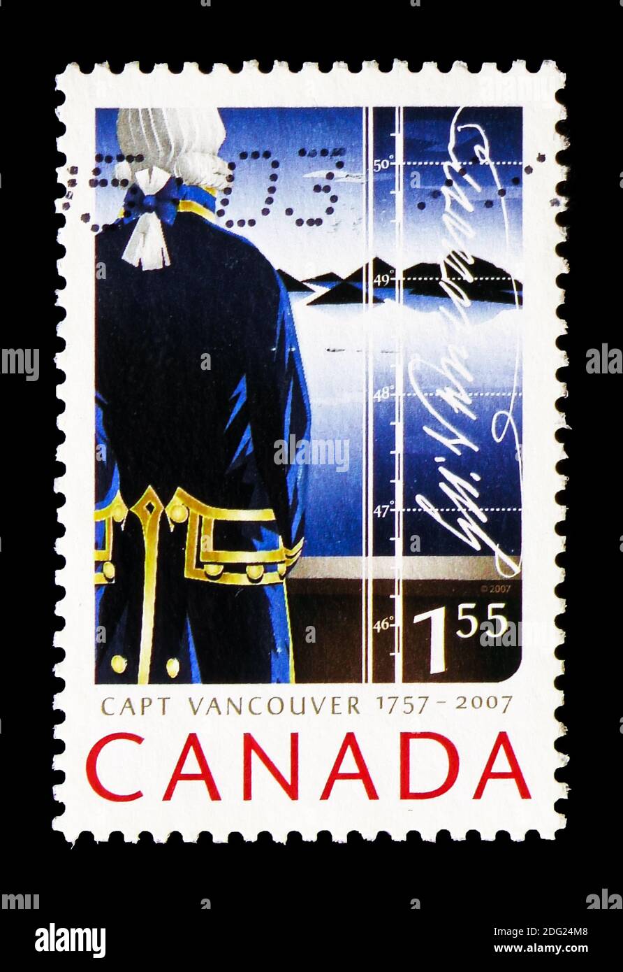 MOSKAU, RUSSLAND - 18. AUGUST 2018: Eine in Kanada gedruckte Briefmarke zeigt Captain George Vancouver, 250. Jahrestag der Captain George Vancouver Serie, circa Stockfoto