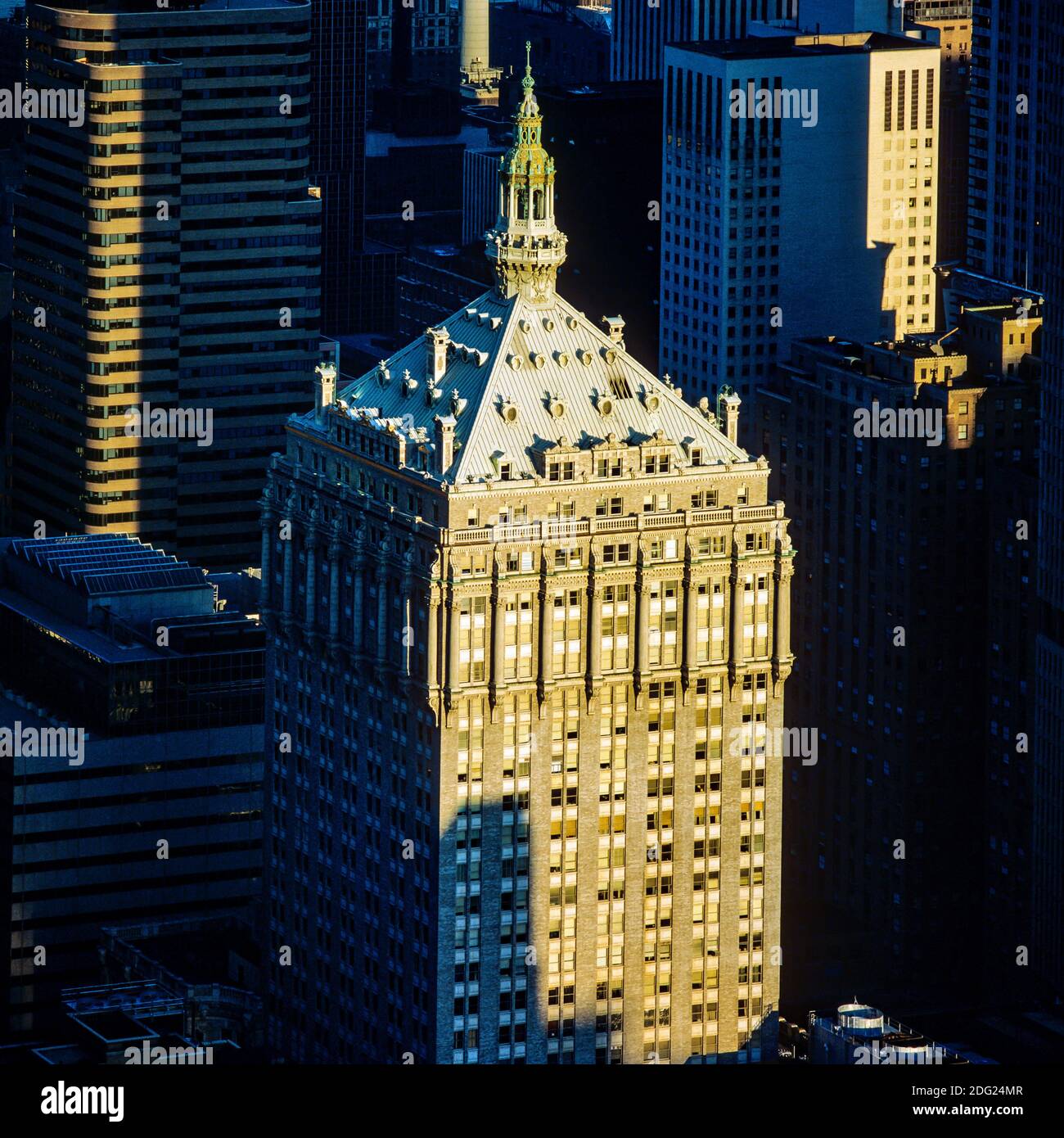 New York 1985, oben im Helmsley Gebäude bei Sonnenuntergang, Manhattan, New York City, NY, NYC, USA, Stockfoto