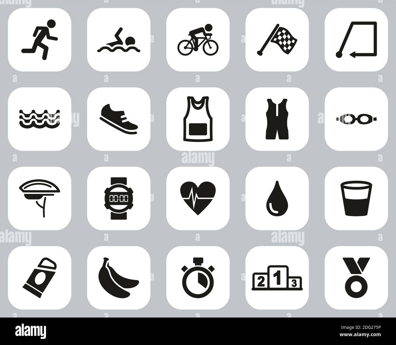 Triathlon Race & Equipment Icons Schwarz-Weiß Flat Design Groß Einstellen Stock Vektor
