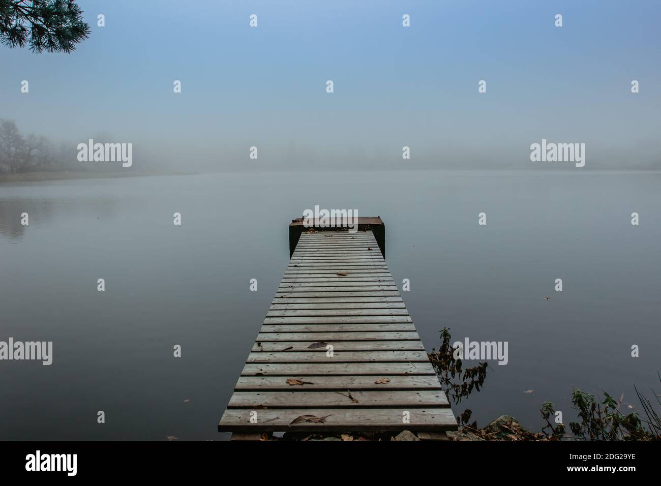 Geheimnisvoller Morgen am See. Neblige herbstliche Mystery Atmosphäre. Holzsteg auf dem Teich.Magische Stimmung. Nebliger Herbsttag. Sprachloses Hotel. Entspannende Meditation Stockfoto