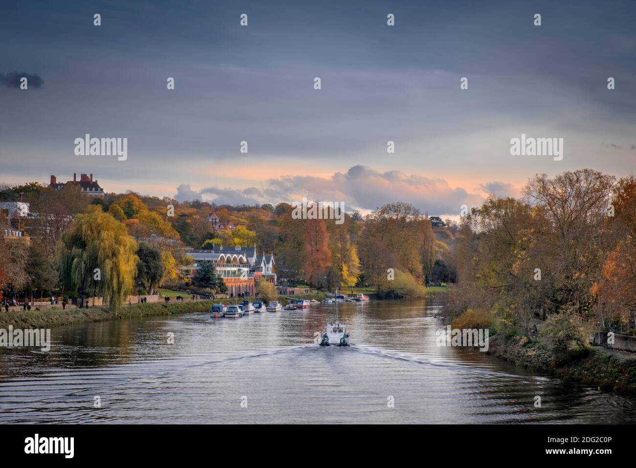 Europa, Großbritannien, London, Richmond, ein wohlhabender Wohnvorort im Westen Londons, Themse, Herbst, Boote auf dem Fluss, Bäume im Herbst, ruhige Szene Stockfoto