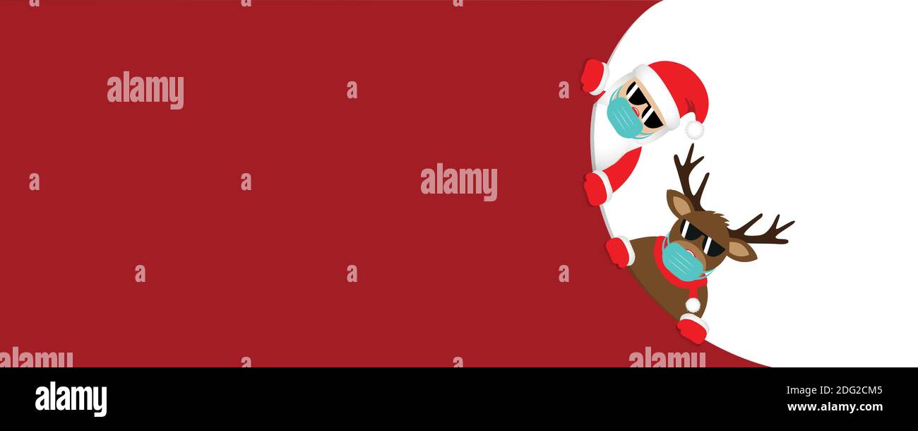 Rotes weihnachtsbanner mit niedlichen weihnachtsmann und Hirsch mit Sonnenbrille und Gesichtsmaske Vektor Illustration EPS10 Stock Vektor