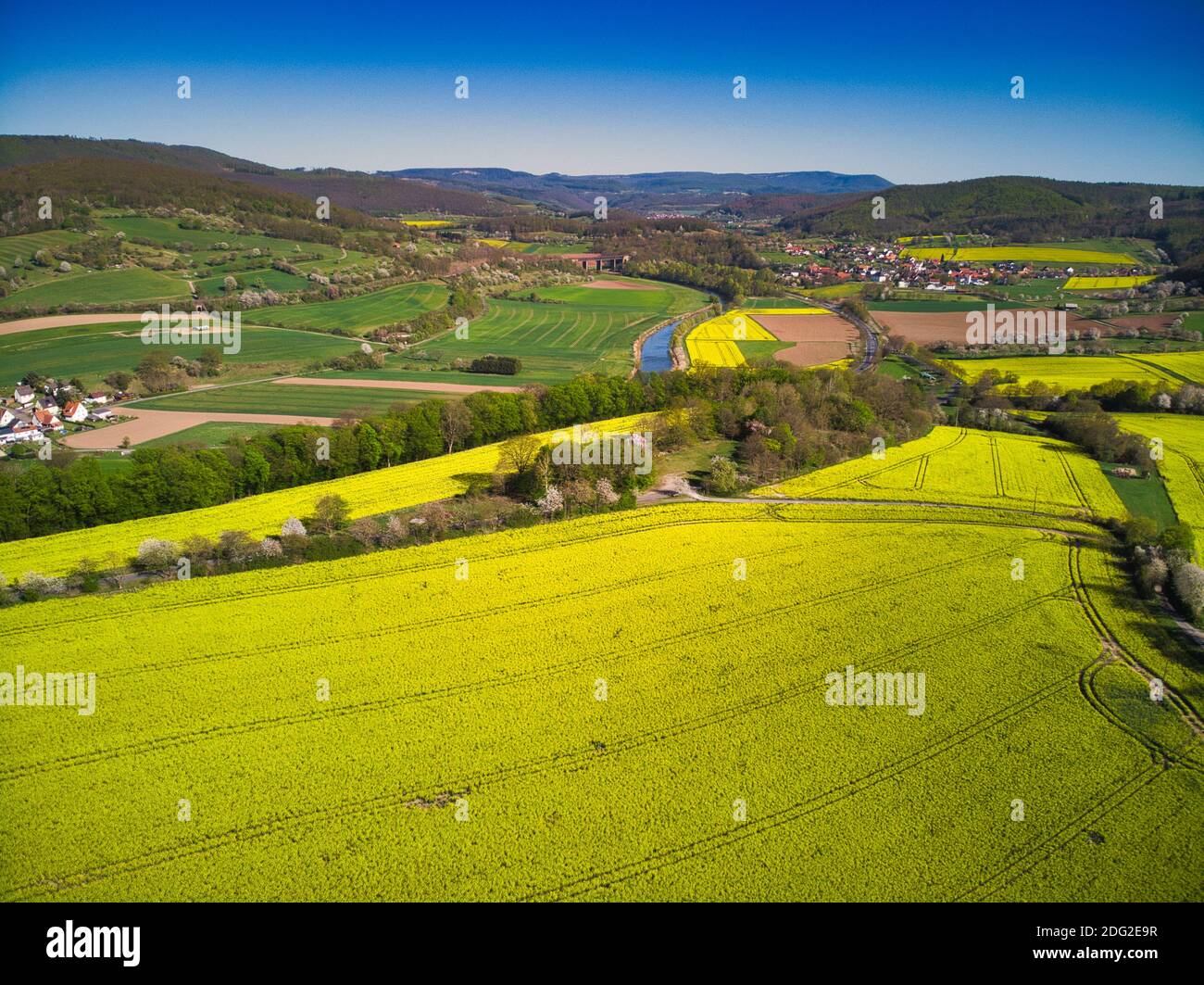 Werratal bei Witzenhausen mit Rapsblüte.und Kirschblüte im Frühling. Stockfoto