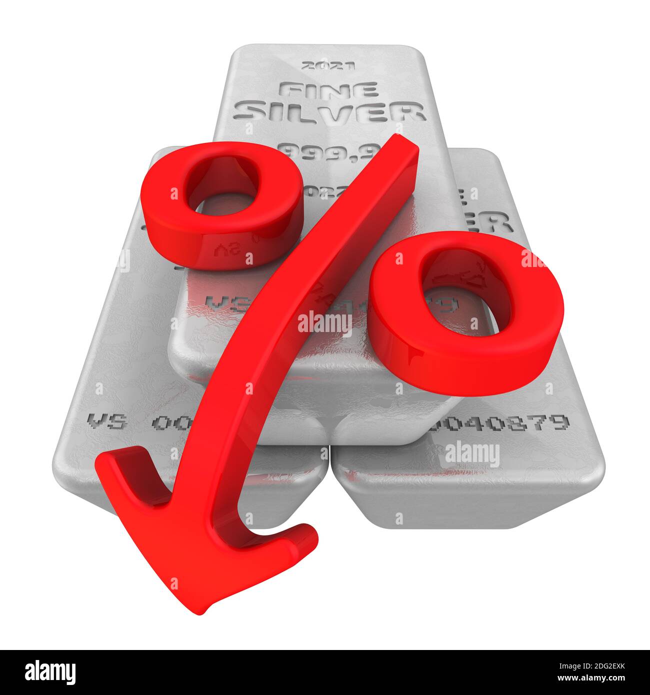 Abnahme des Silberwertes. Drei Barren von 999.9 Feinsilber und ein rotes Prozentsymbol mit einem nach unten zeigenden Pfeil. 3D-Illustration Stockfoto