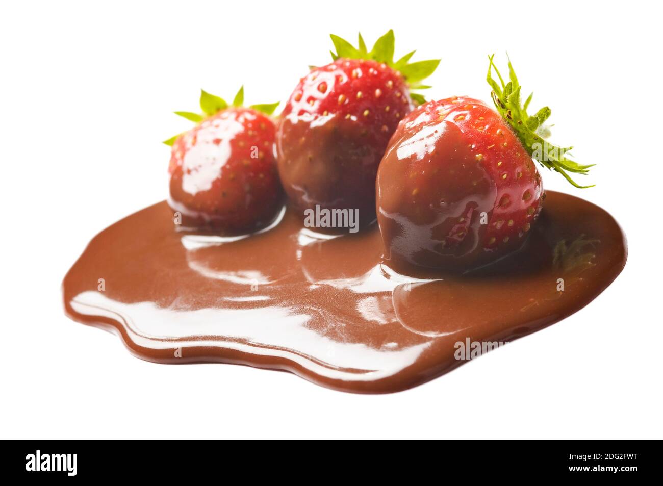 Frische Erdbeerfrucht in Schokolade auf Weiß. Eine Schokolade getauchte reife Erdbeere mit grünen Blättern isoliert auf weißem Hintergrund. Nahaufnahme. Stockfoto