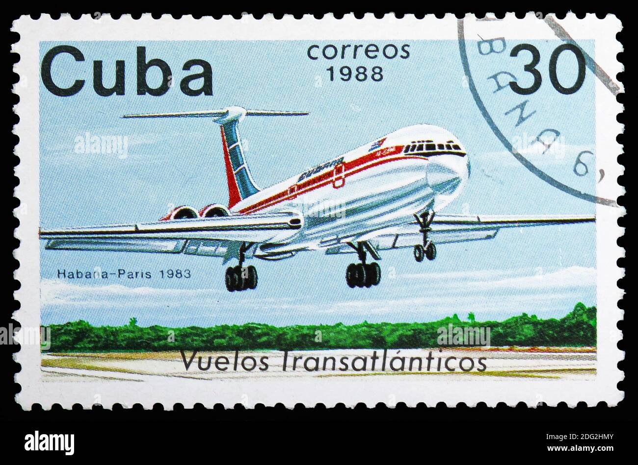 MOSKAU, RUSSLAND - 10. NOVEMBER 2018: Eine in Kuba gedruckte Marke zeigt Il-62 (1983), Airplanes Serie, um 1988 Stockfoto