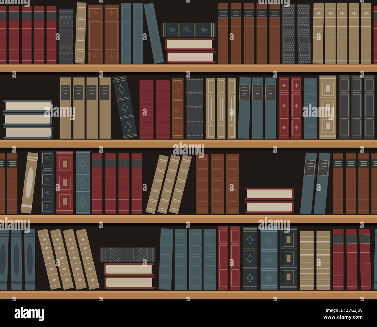 Bücherregale mit Büchern. Nahtloser Hintergrund. Alte Bücher auf den Regalen. Bibliothek mit Retro-Büchern. Buchhandlung. Vektorgrafik. Stock Vektor