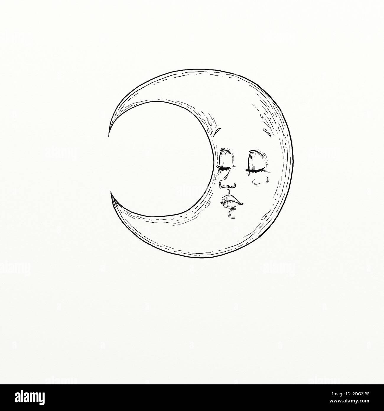 Schwarz-weiße handgegestaltete Illustration, die einen schlafenden Mond darstellt Stockfoto